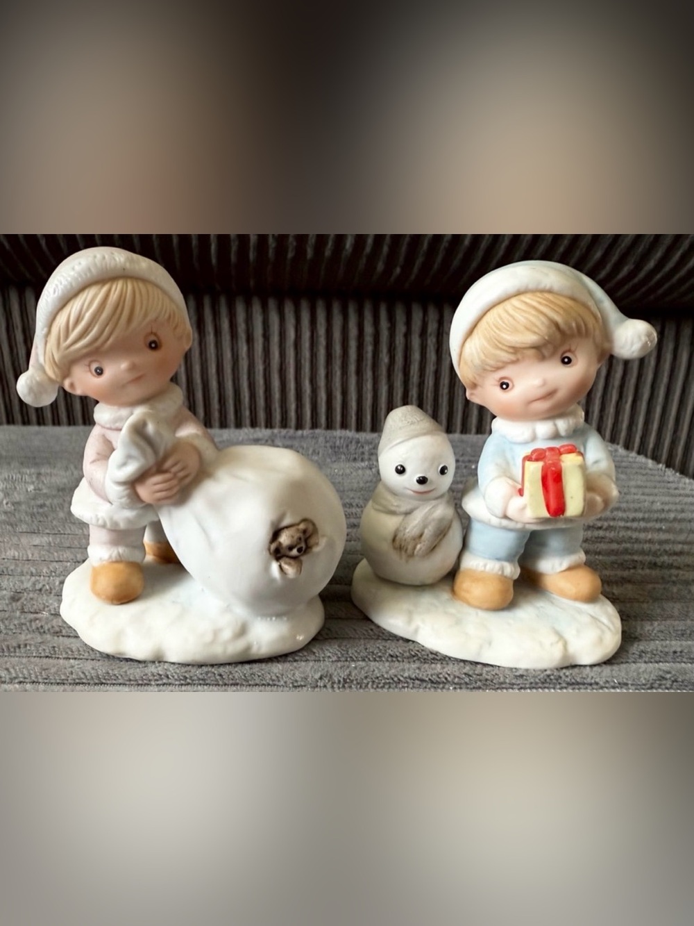 Lot of 2 VTG Homco Boy with Gifts Snowman Adorable Winter Figurines Set Decor